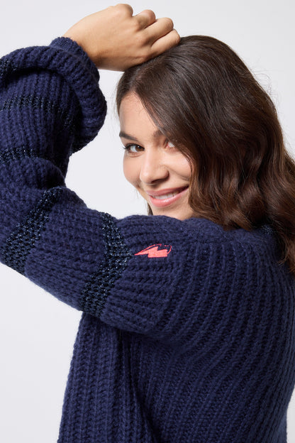 Navy Metallic Stripe Edge to Edge Cardigan