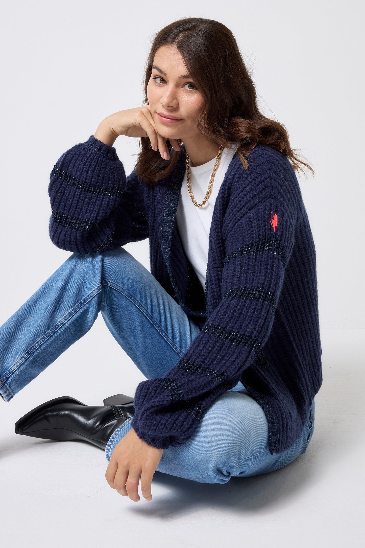 Navy Metallic Stripe Edge to Edge Cardigan