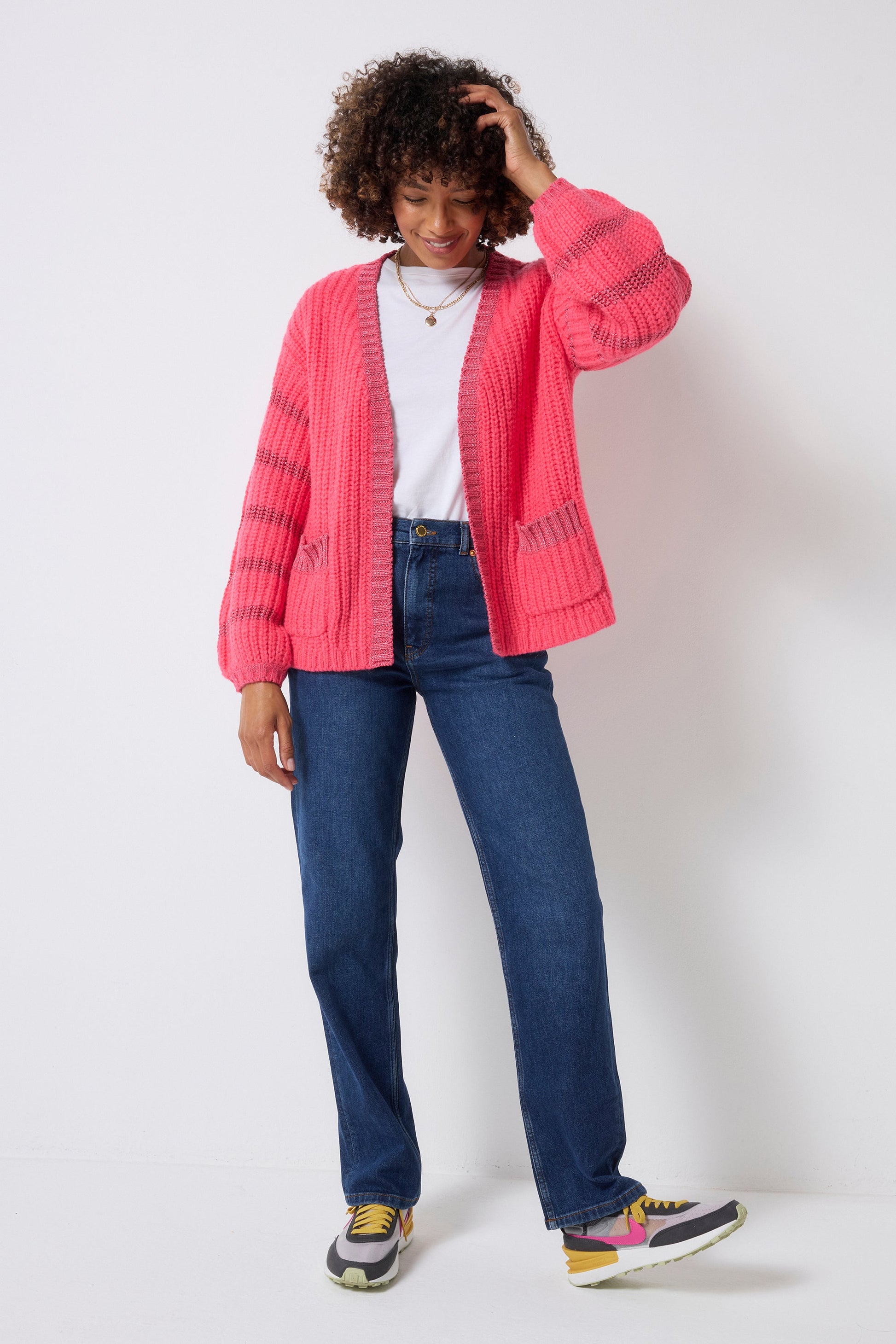 Coral with Pink Metallic Stripe Edge to Edge Cardigan