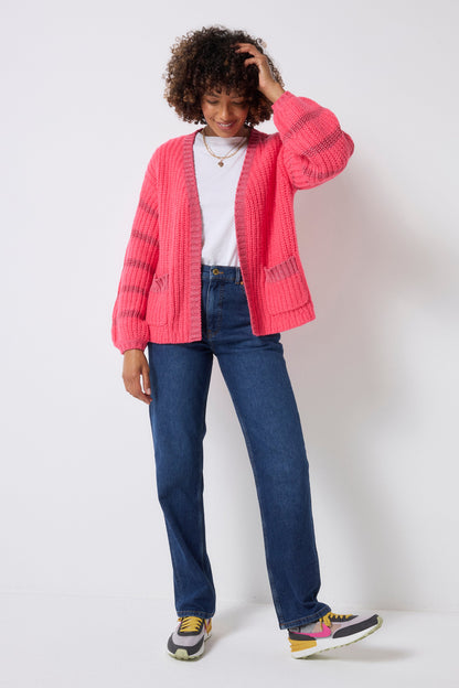 Coral with Pink Metallic Stripe Edge to Edge Cardigan