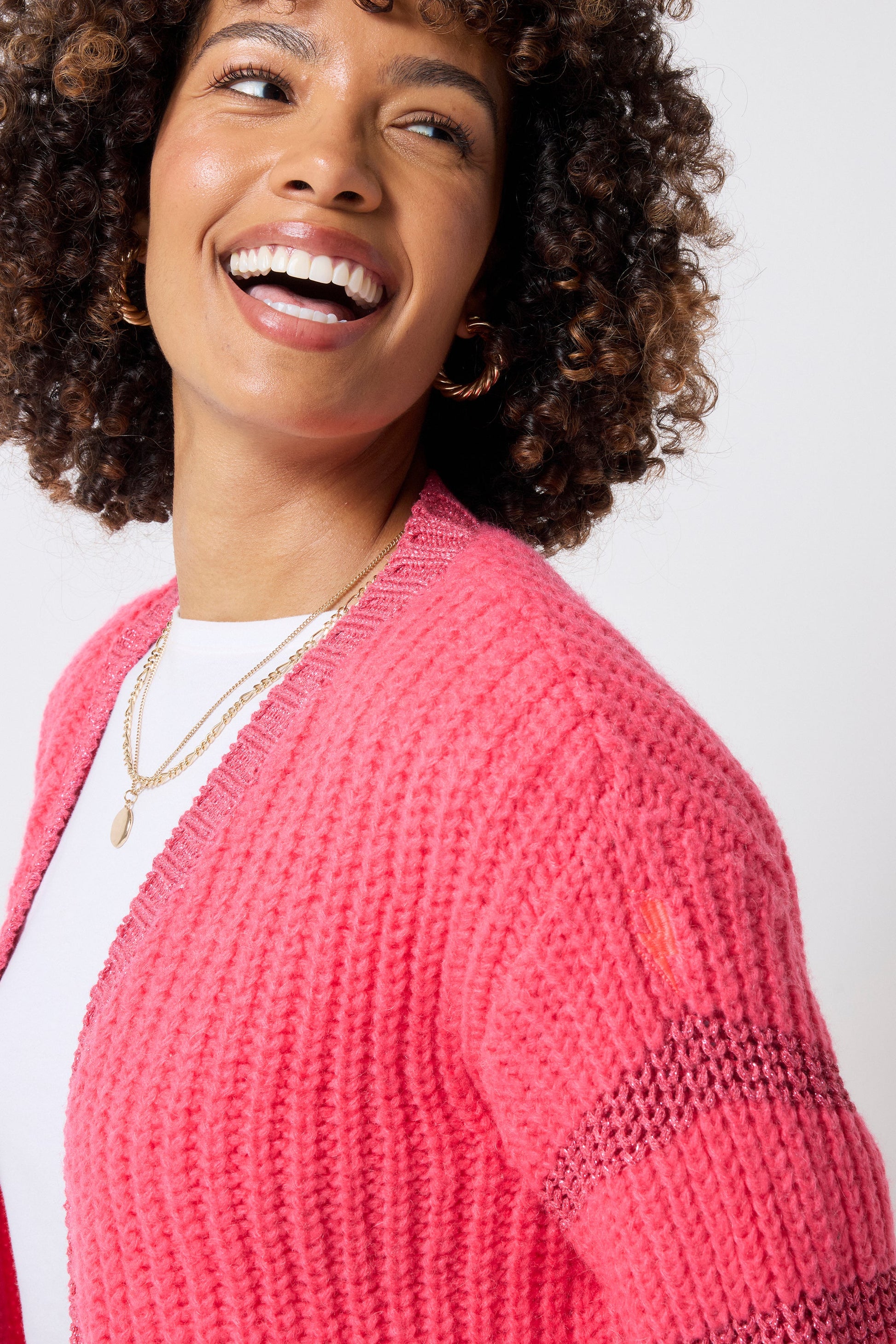 Coral with Pink Metallic Stripe Edge to Edge Cardigan