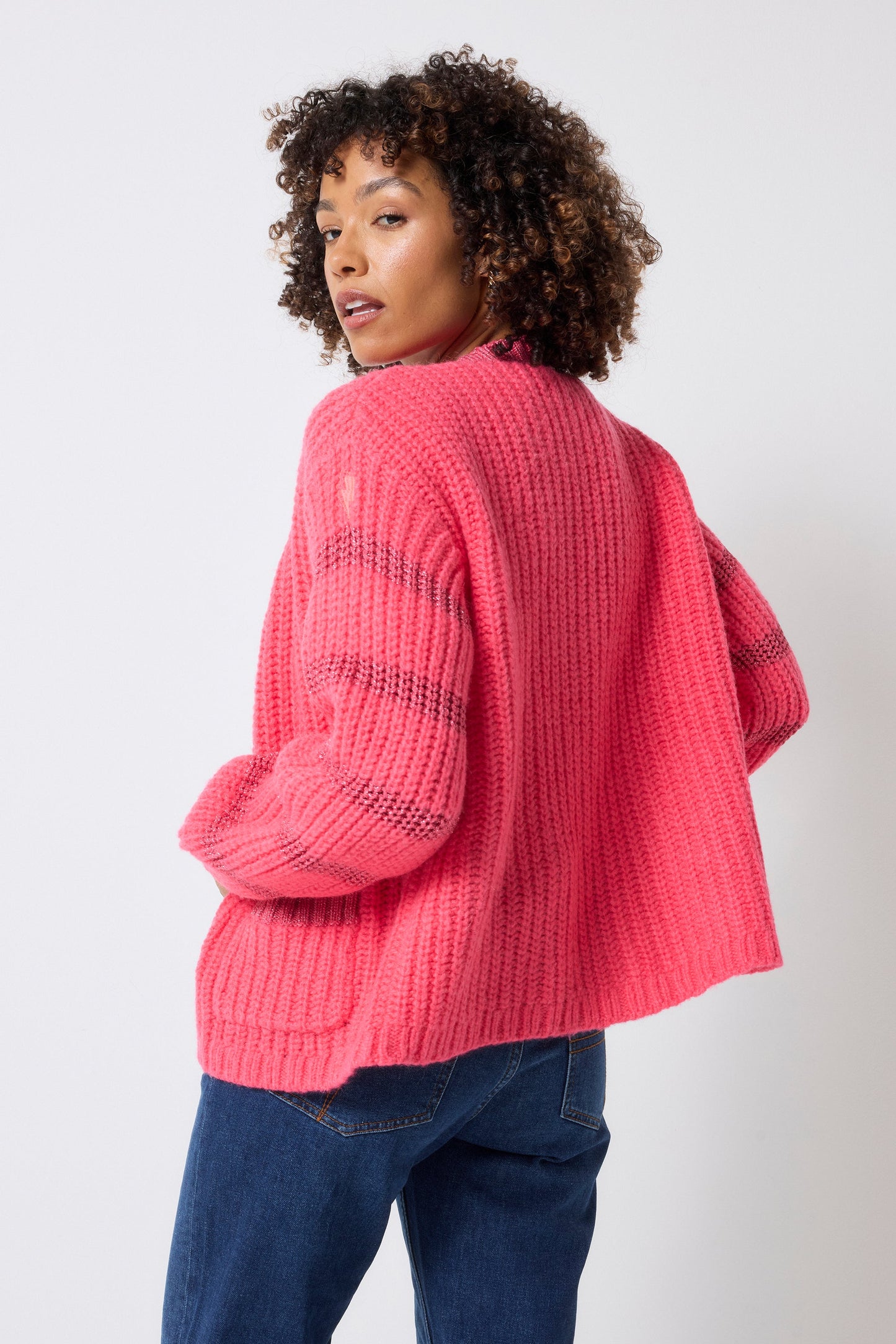 Coral with Pink Metallic Stripe Edge to Edge Cardigan