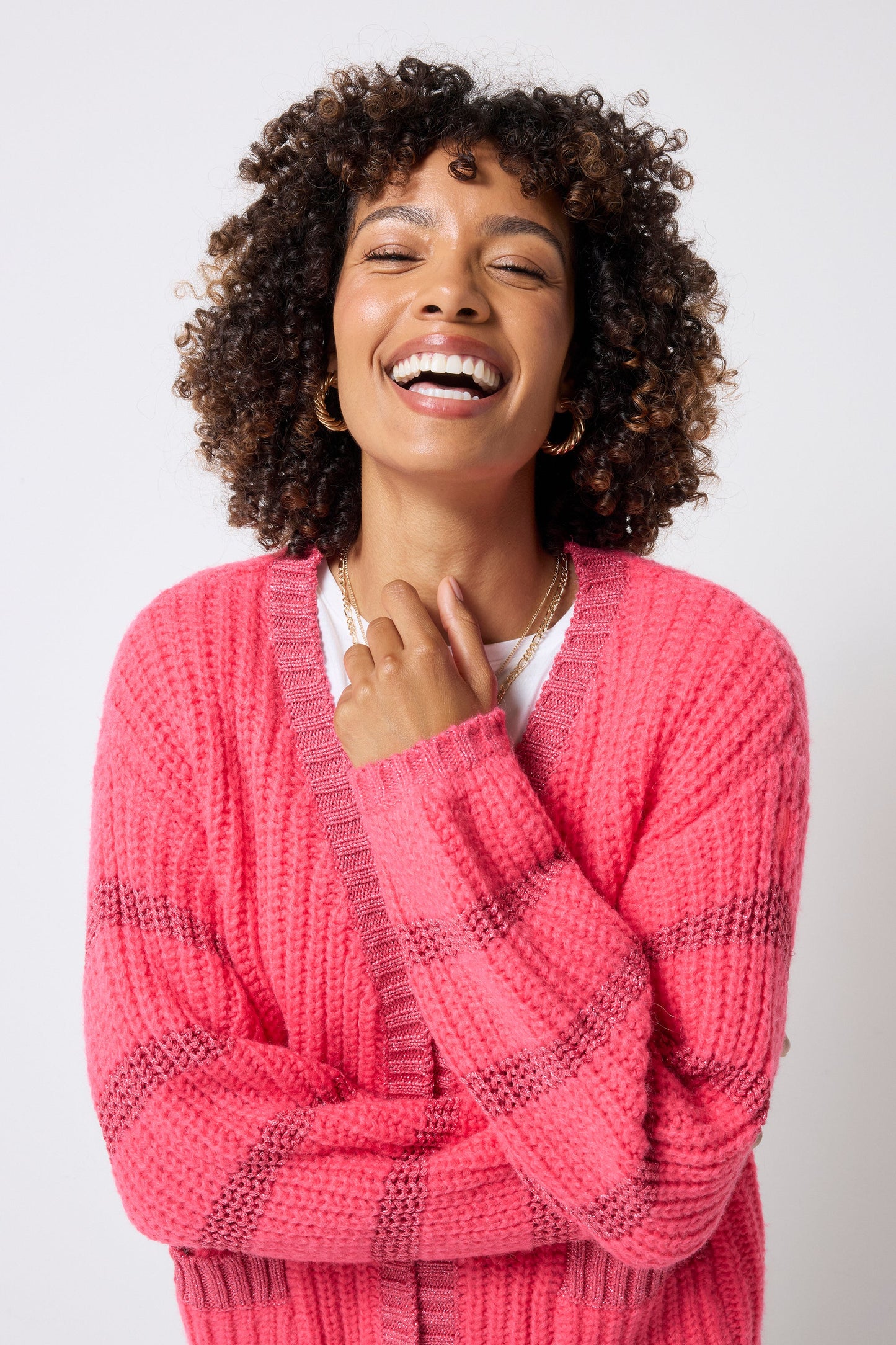 Coral with Pink Metallic Stripe Edge to Edge Cardigan