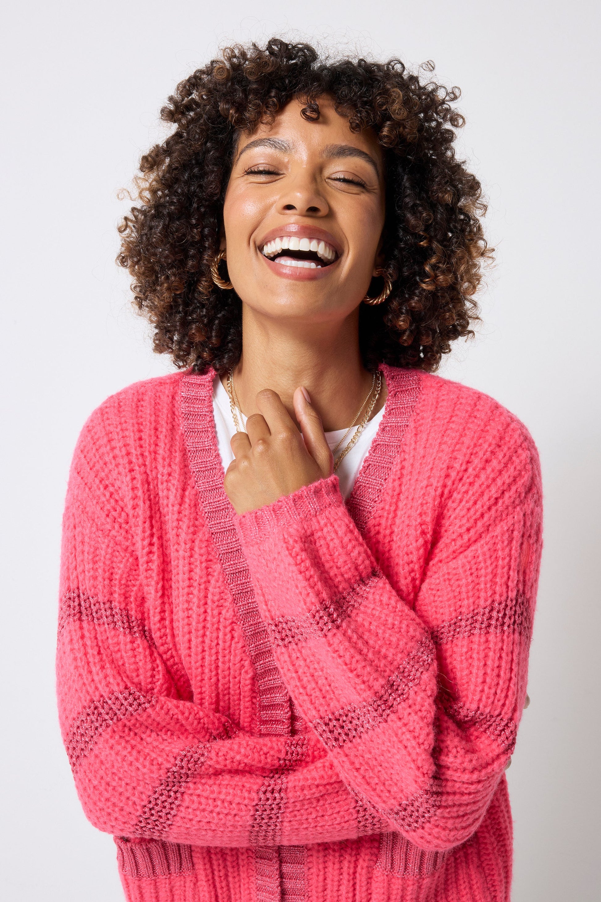 Coral with Pink Metallic Stripe Edge to Edge Cardigan