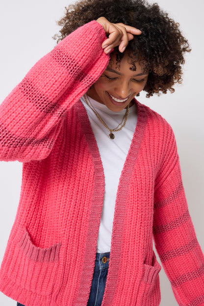 Coral with Pink Metallic Stripe Edge to Edge Cardigan