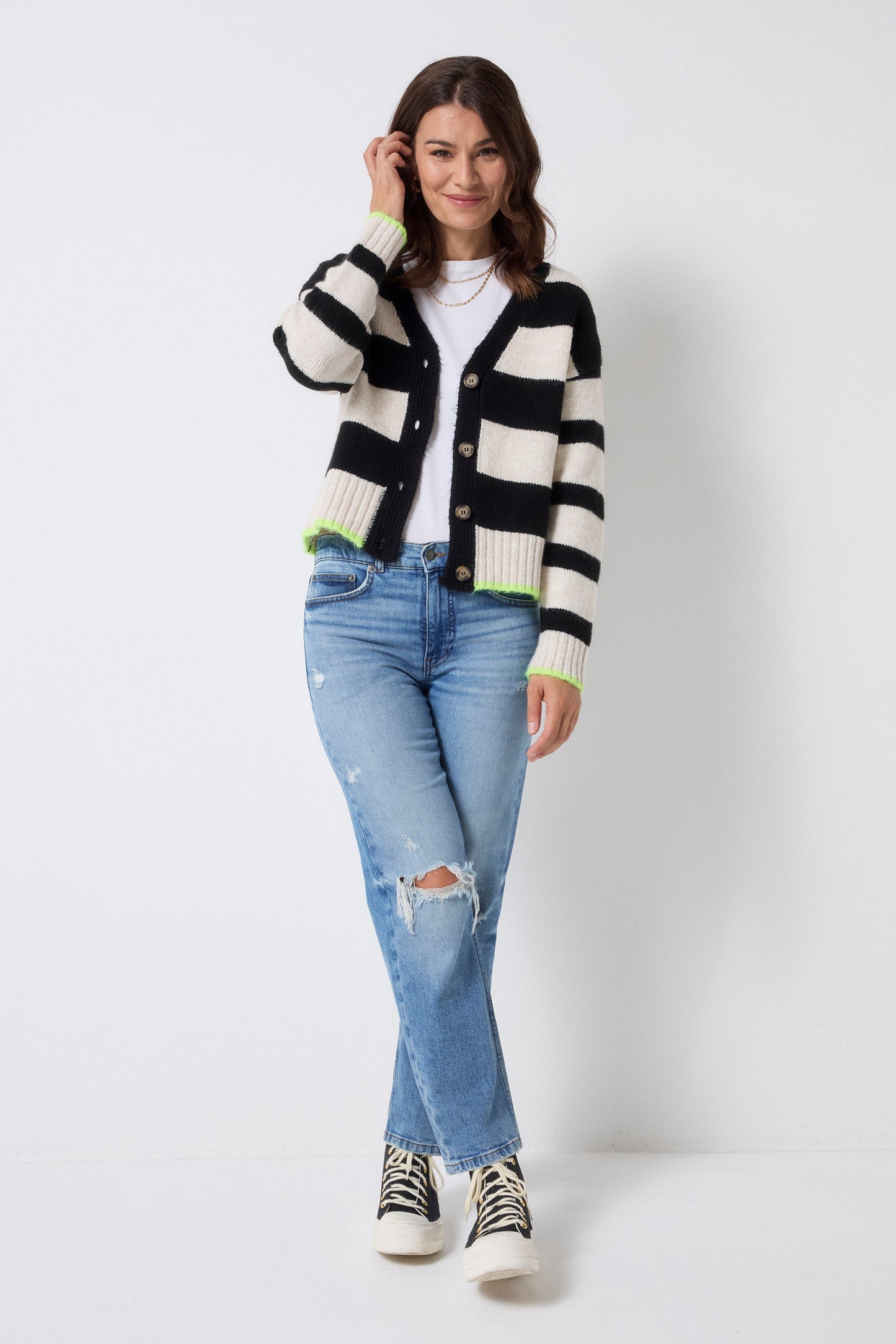 Cream with Black Bold Stripe Cardigan