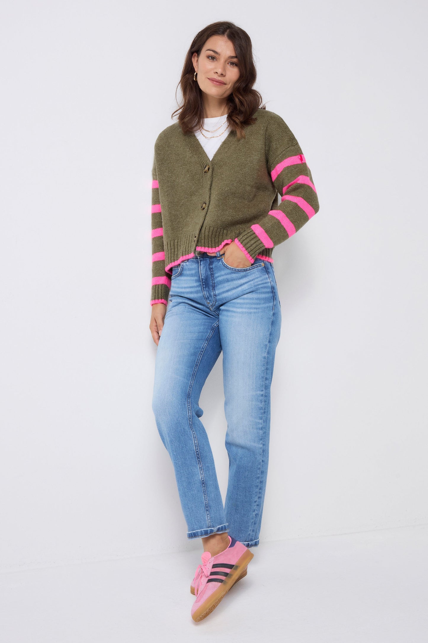 Khaki and Pink Stripe Cardigan