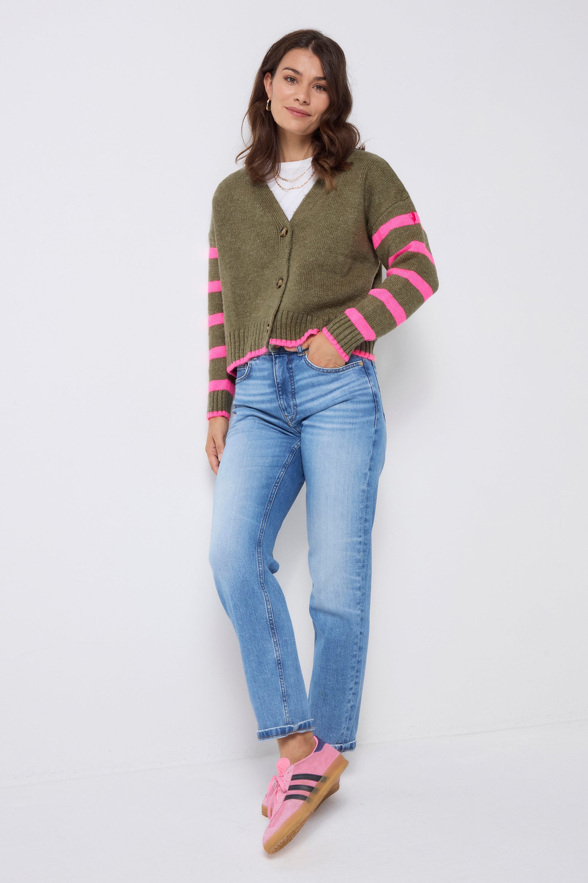 Khaki and Pink Stripe Cardigan