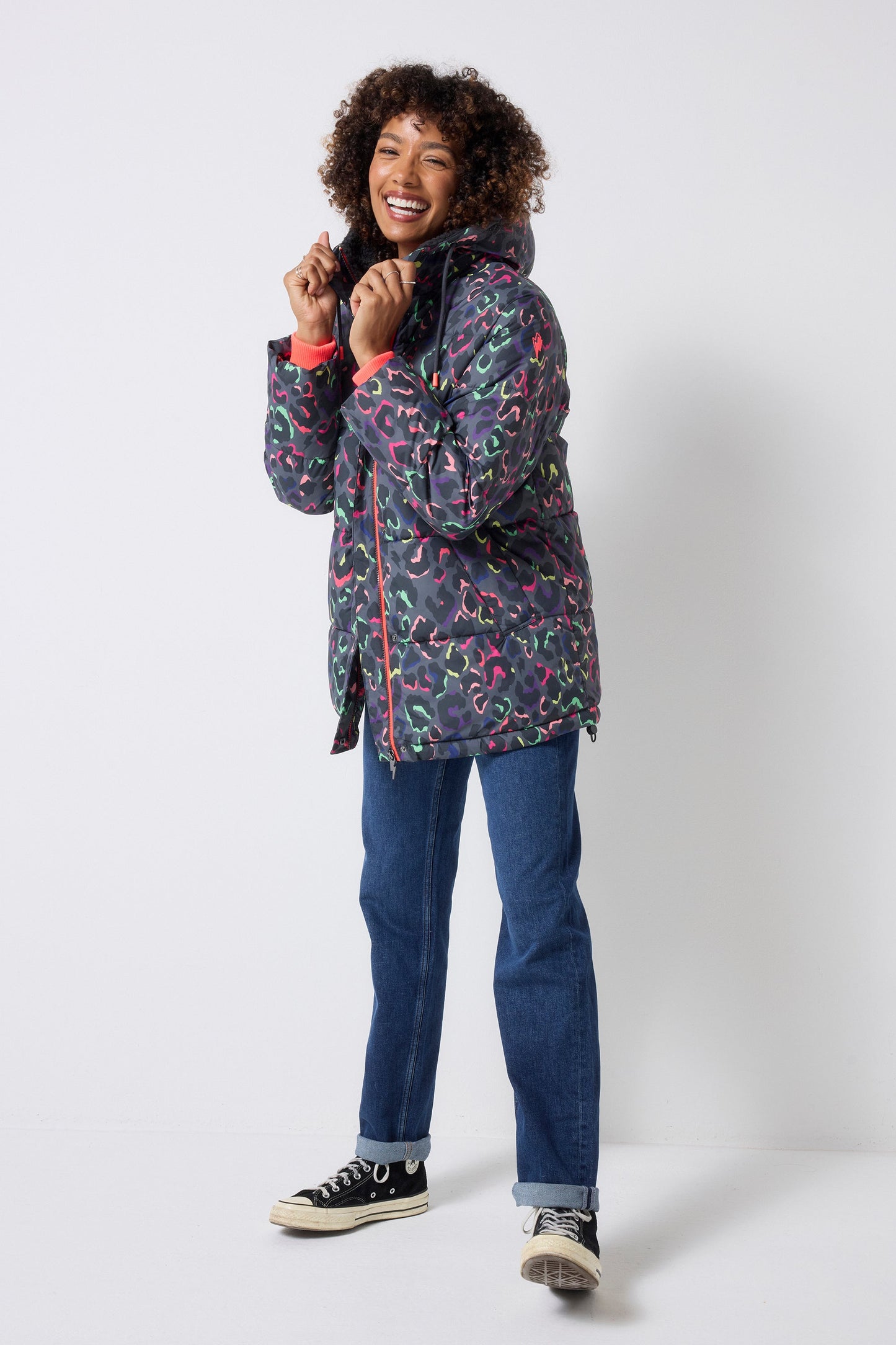 Grey with Rainbow Shadow Leopard Longer Length Puffer Coat