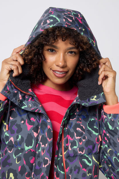 Grey with Rainbow Shadow Leopard Longer Length Puffer Coat