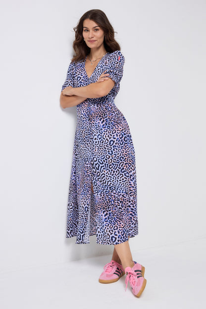 Lilac with Black and Pink Leopard Ray Flute Sleeve Midi Tea Dress
