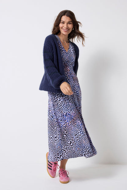 Lilac with Black and Pink Leopard Ray Flute Sleeve Midi Tea Dress