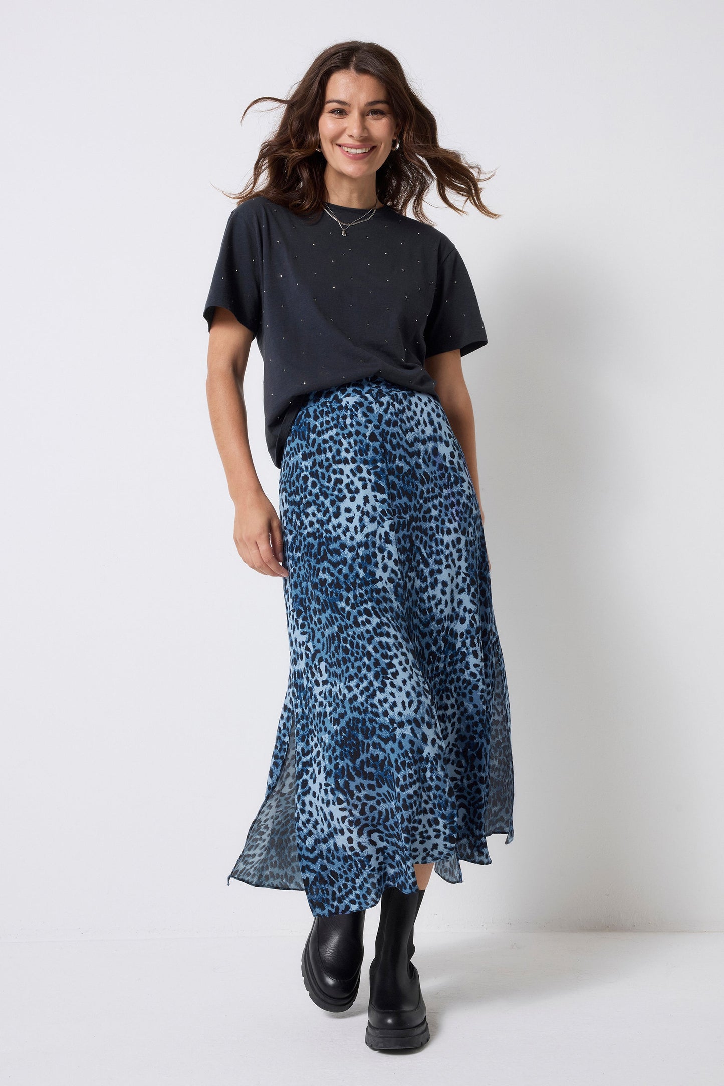 Navy Cheetah Midi Skirt