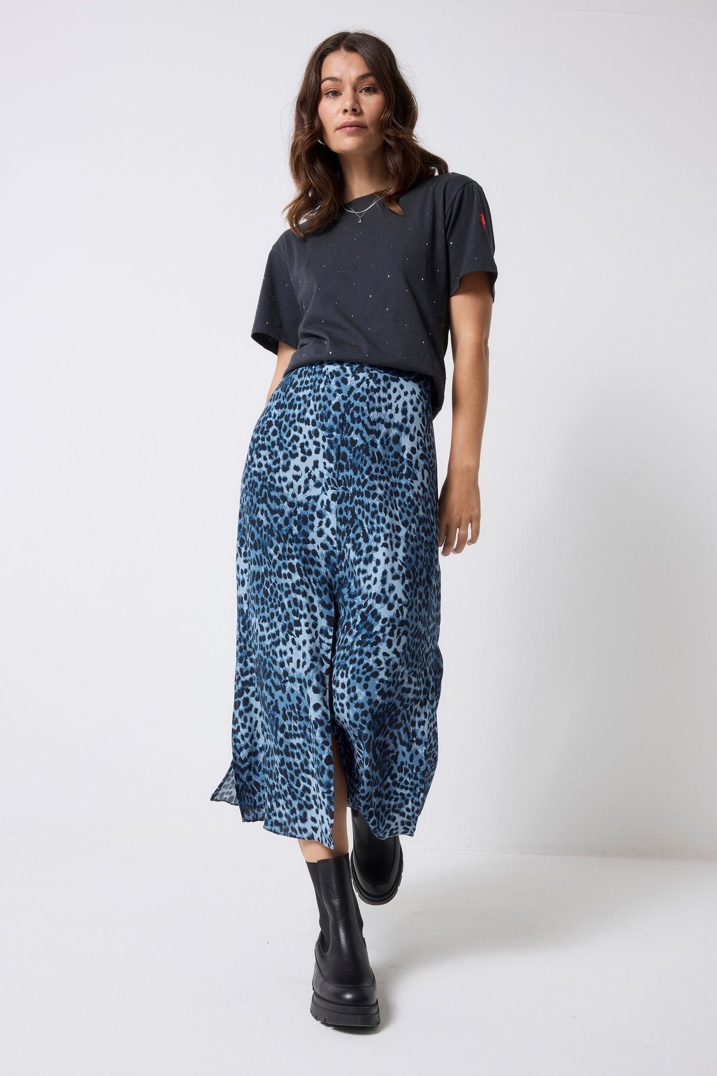 Navy Cheetah Midi Skirt