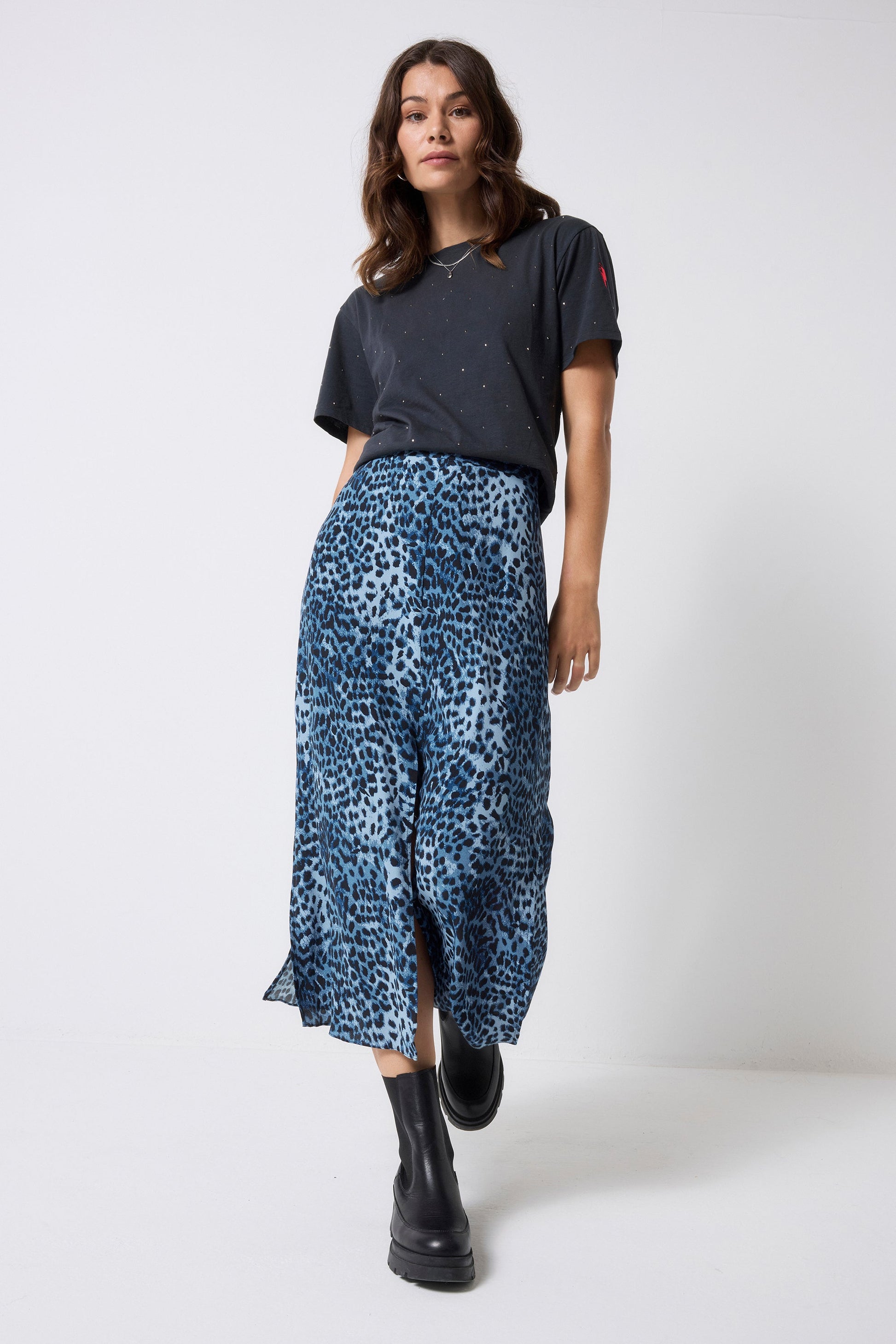 Navy Cheetah Midi Skirt