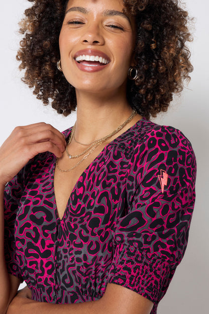 Grey with Pink Leopard Ray Blouson Sleeve Midi Tea Dress