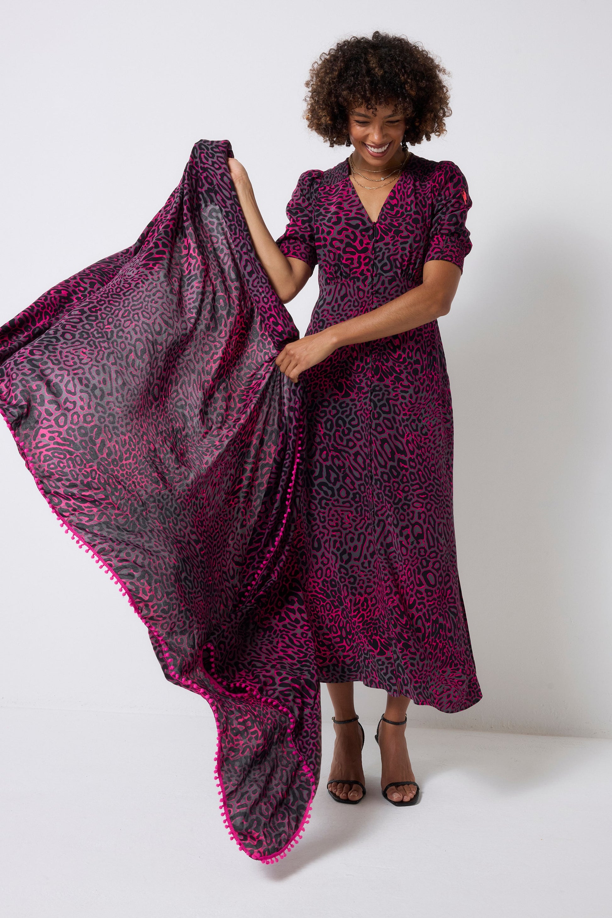 Grey with Pink Leopard Ray Blouson Sleeve Midi Tea Dress