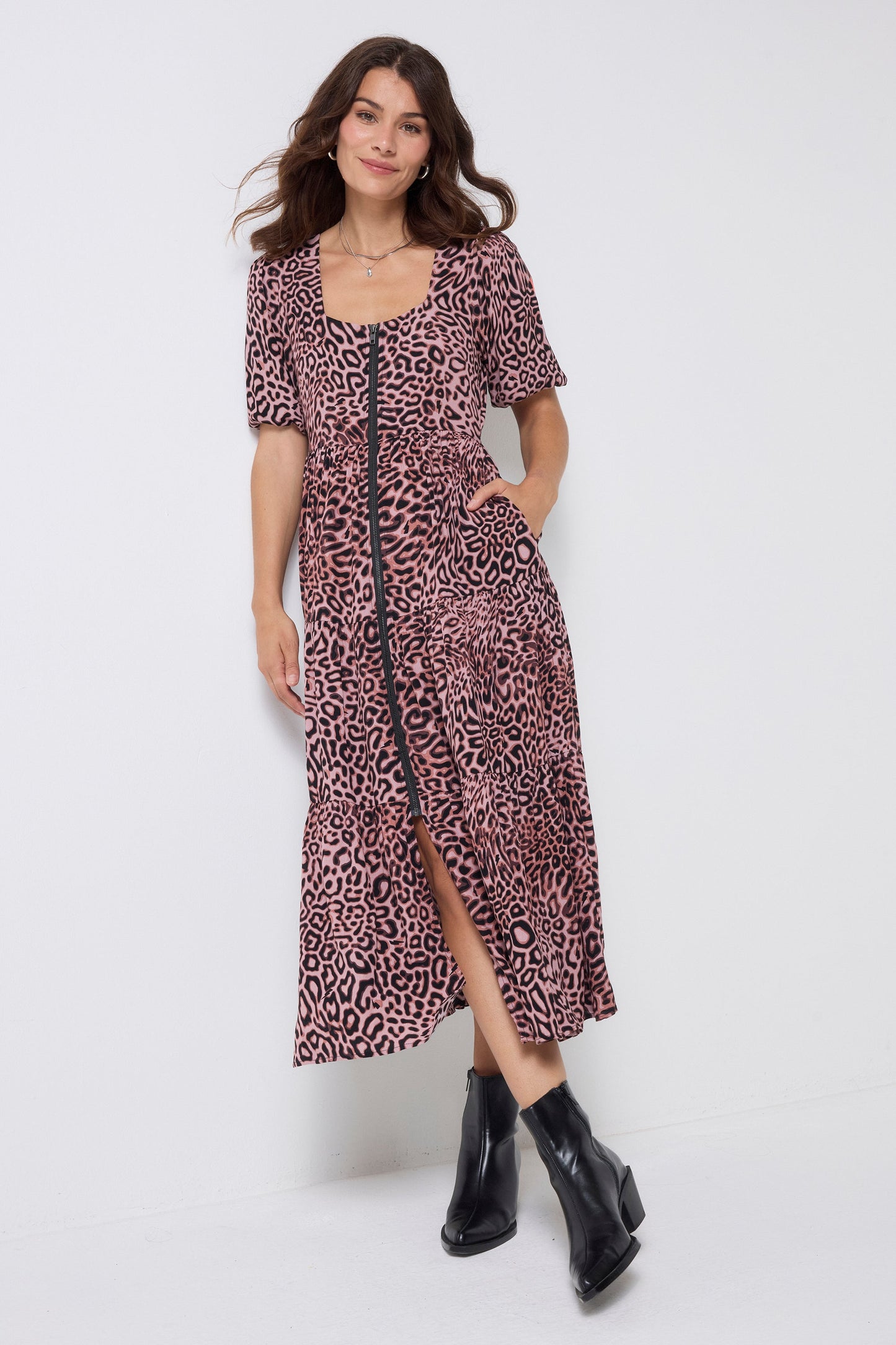 Neutral Leopard Ray Square Neck Zip Detail Tiered Midi Dress