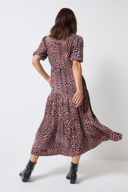Neutral Leopard Ray Square Neck Zip Detail Tiered Midi Dress