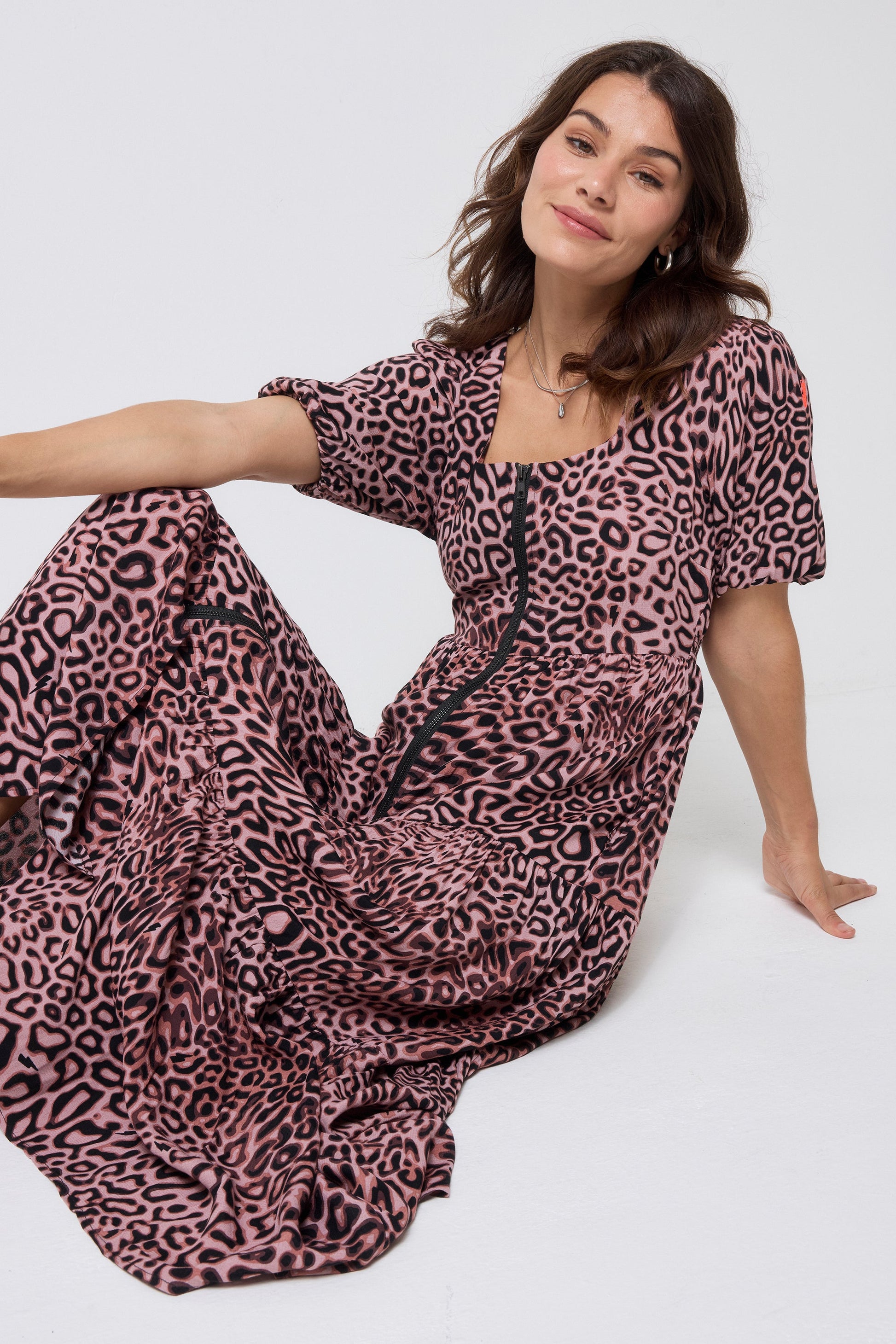 Neutral Leopard Ray Square Neck Zip Detail Tiered Midi Dress