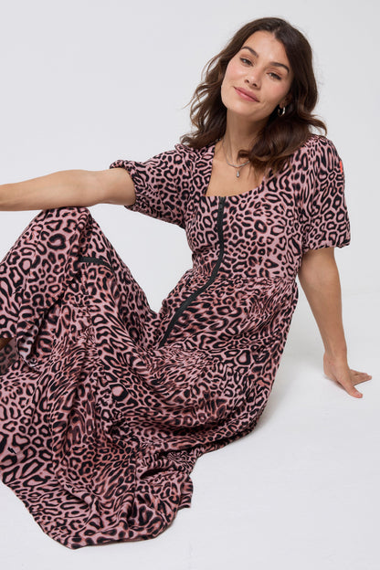 Neutral Leopard Ray Square Neck Zip Detail Tiered Midi Dress
