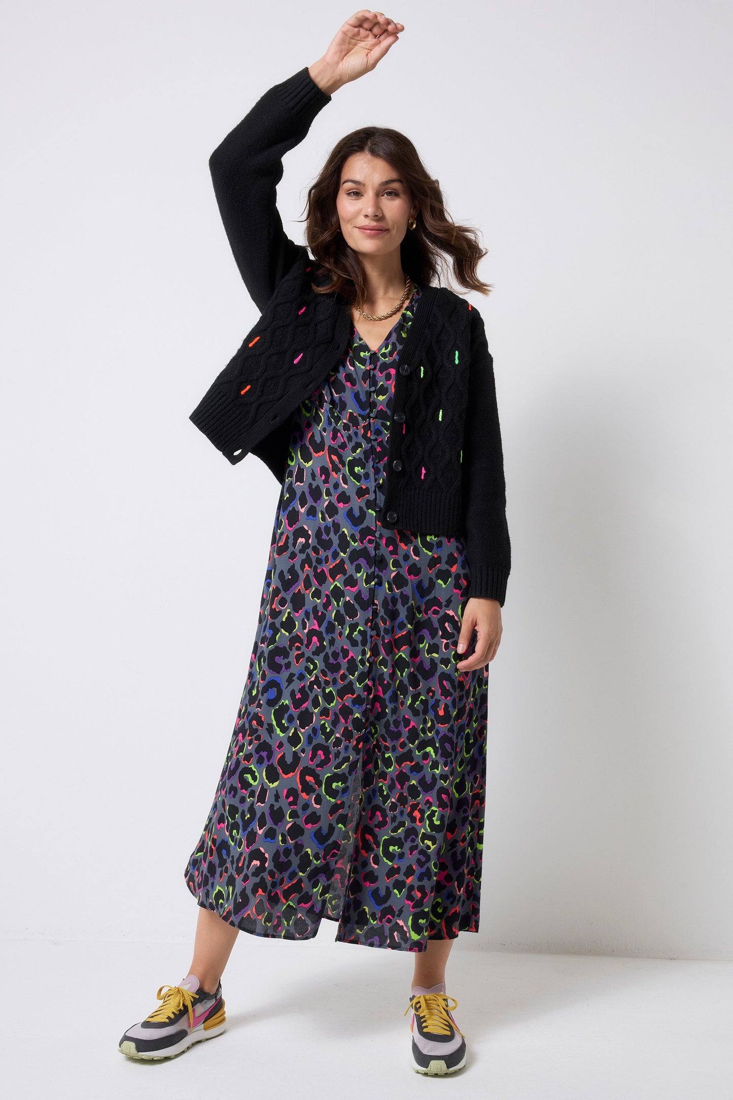 Black with Neon Rainbow Flecks Cable Knit Cardigan