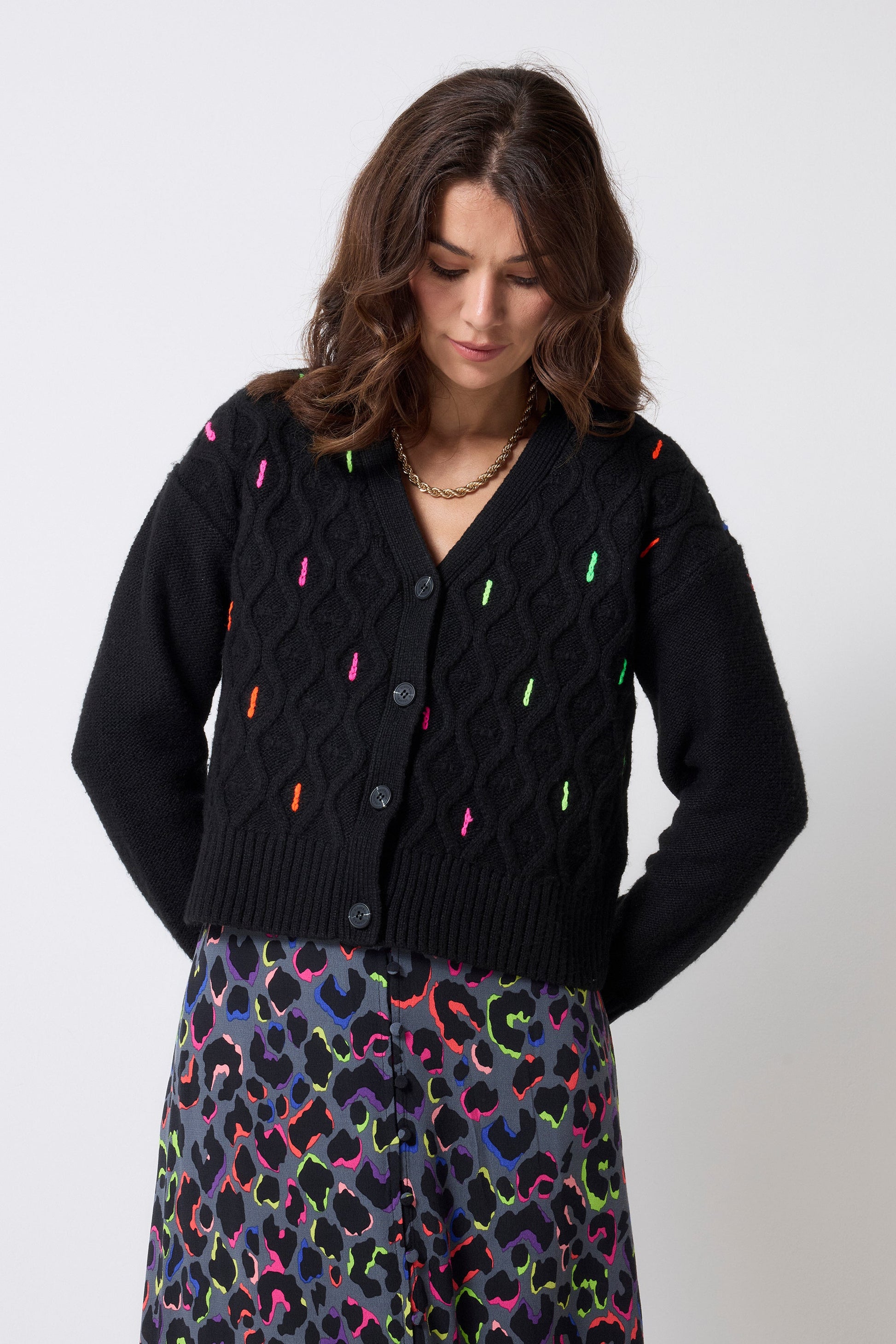Black with Neon Rainbow Flecks Cable Knit Cardigan