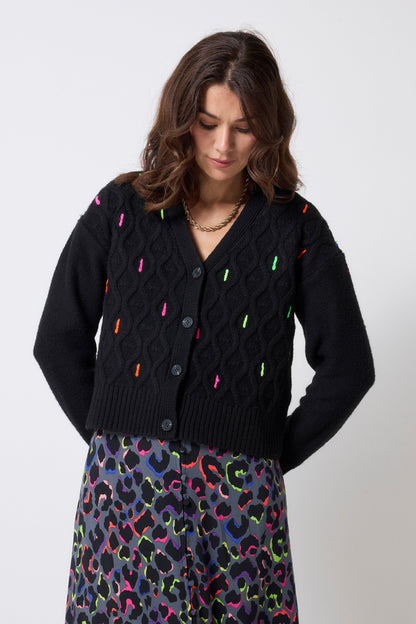 Black with Neon Rainbow Flecks Cable Knit Cardigan