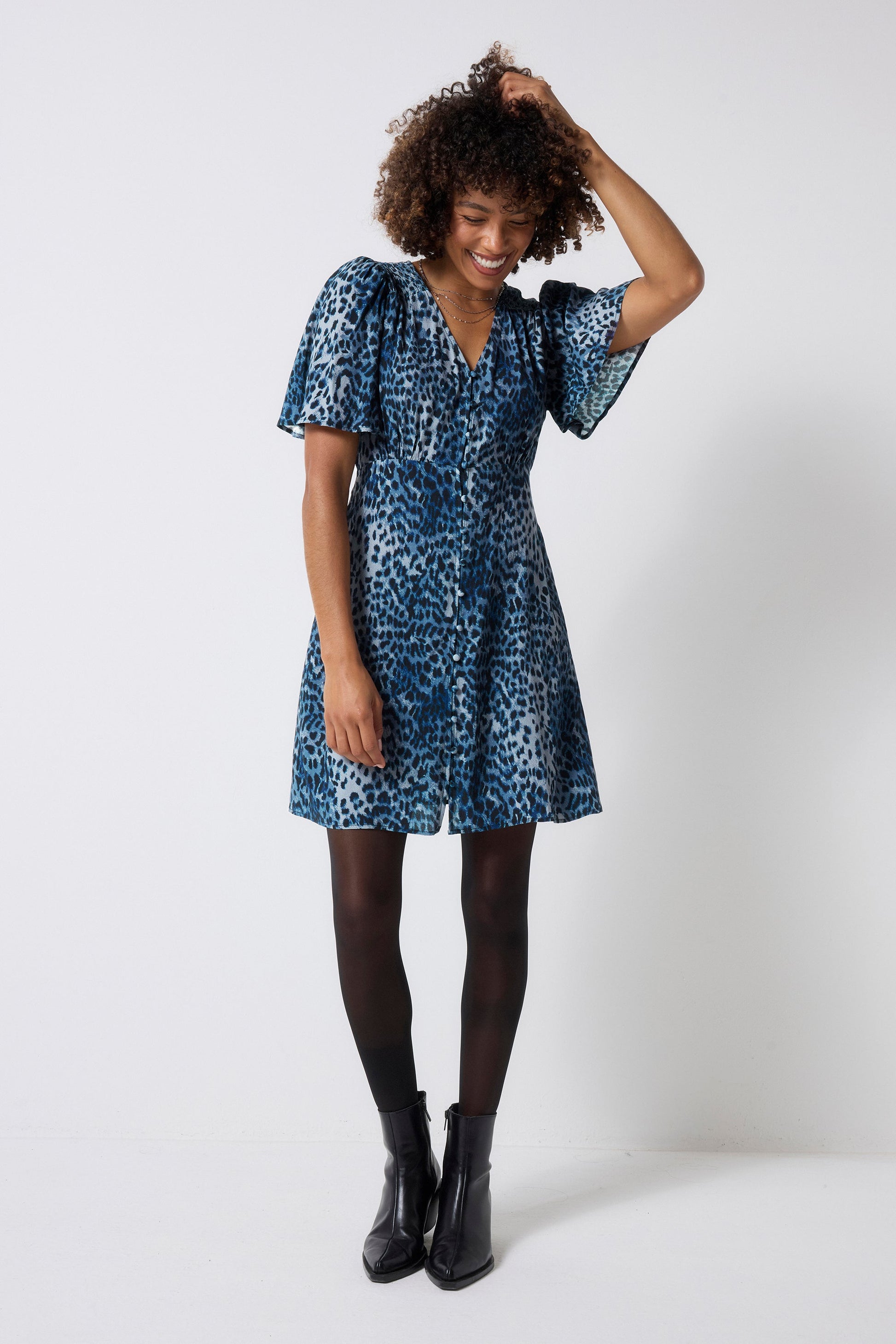 Navy Cheetah Angel Sleeve Short Tea Dress