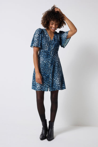 Navy Cheetah Angel Sleeve Short Tea Dress