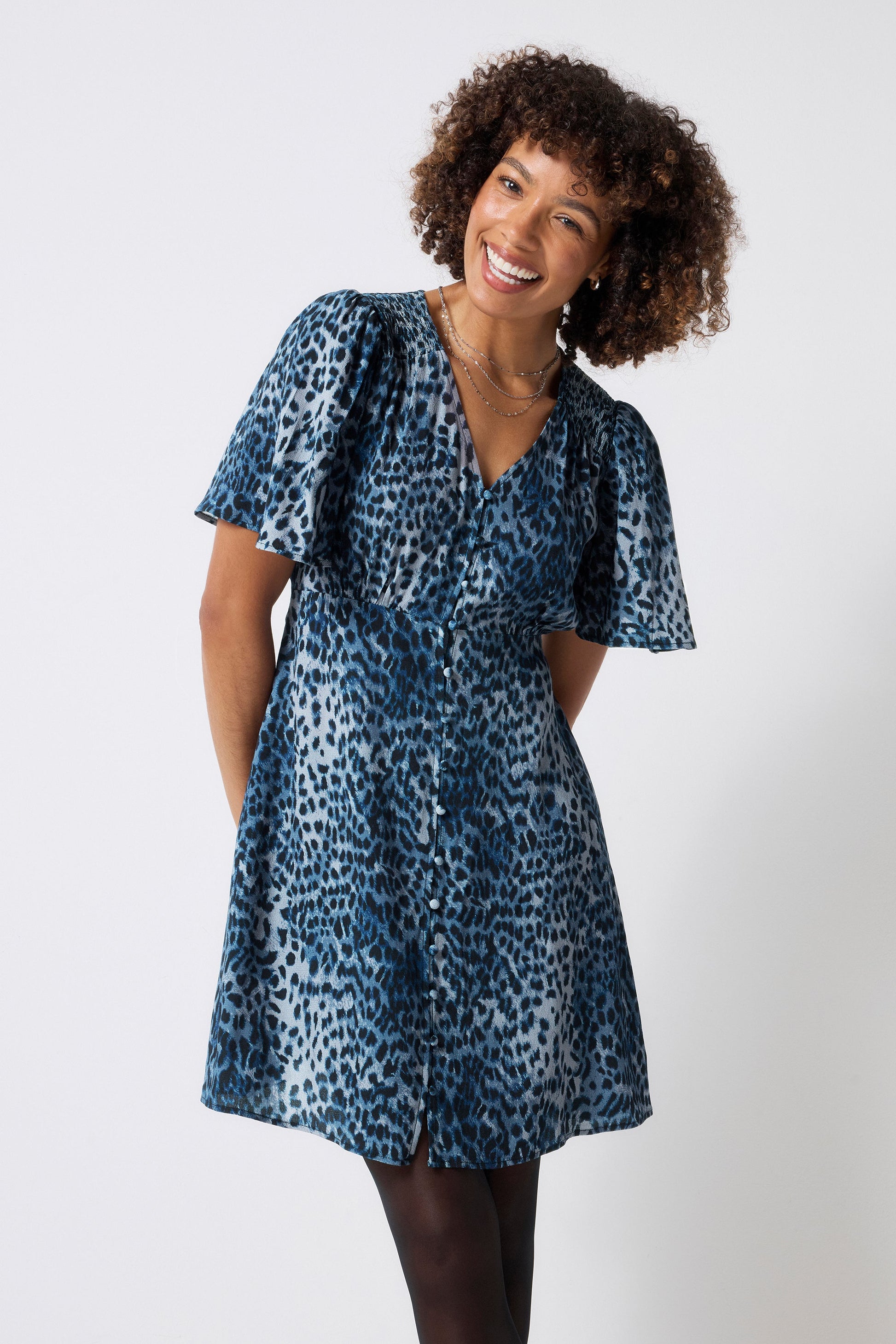 Navy Cheetah Angel Sleeve Short Tea Dress