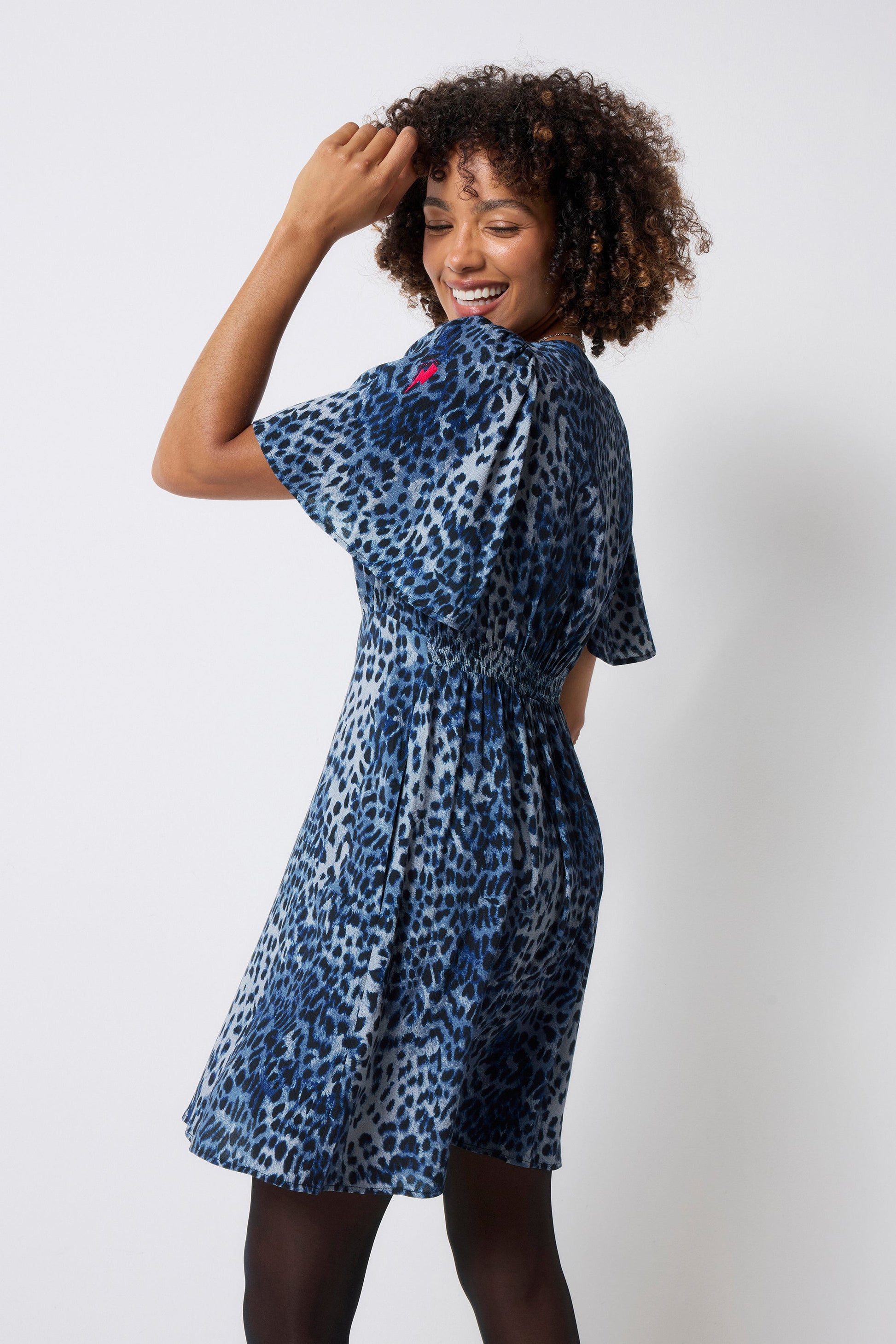 Navy Cheetah Angel Sleeve Short Tea Dress
