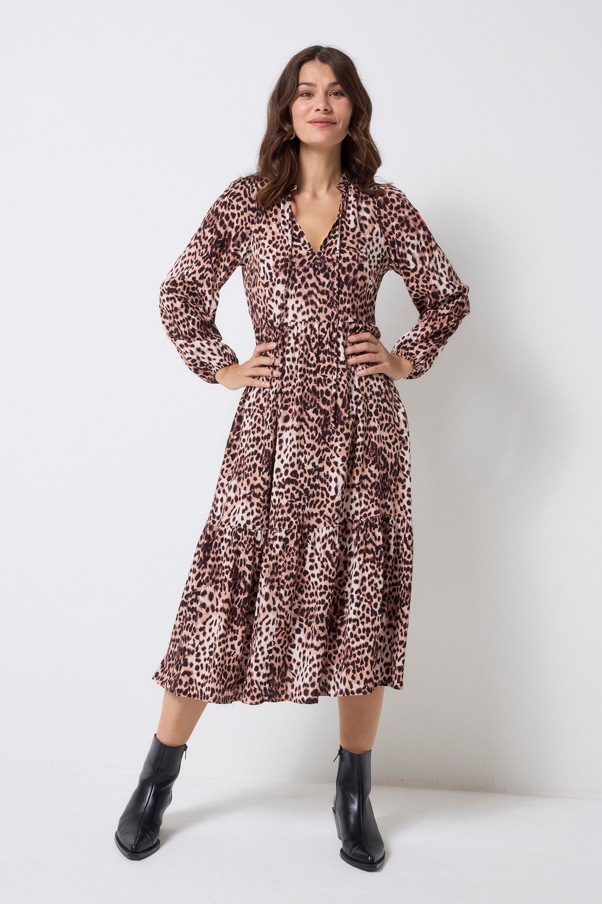 Neutral with Black Cheetah Blouson Sleeve Tie Front Midi Dress