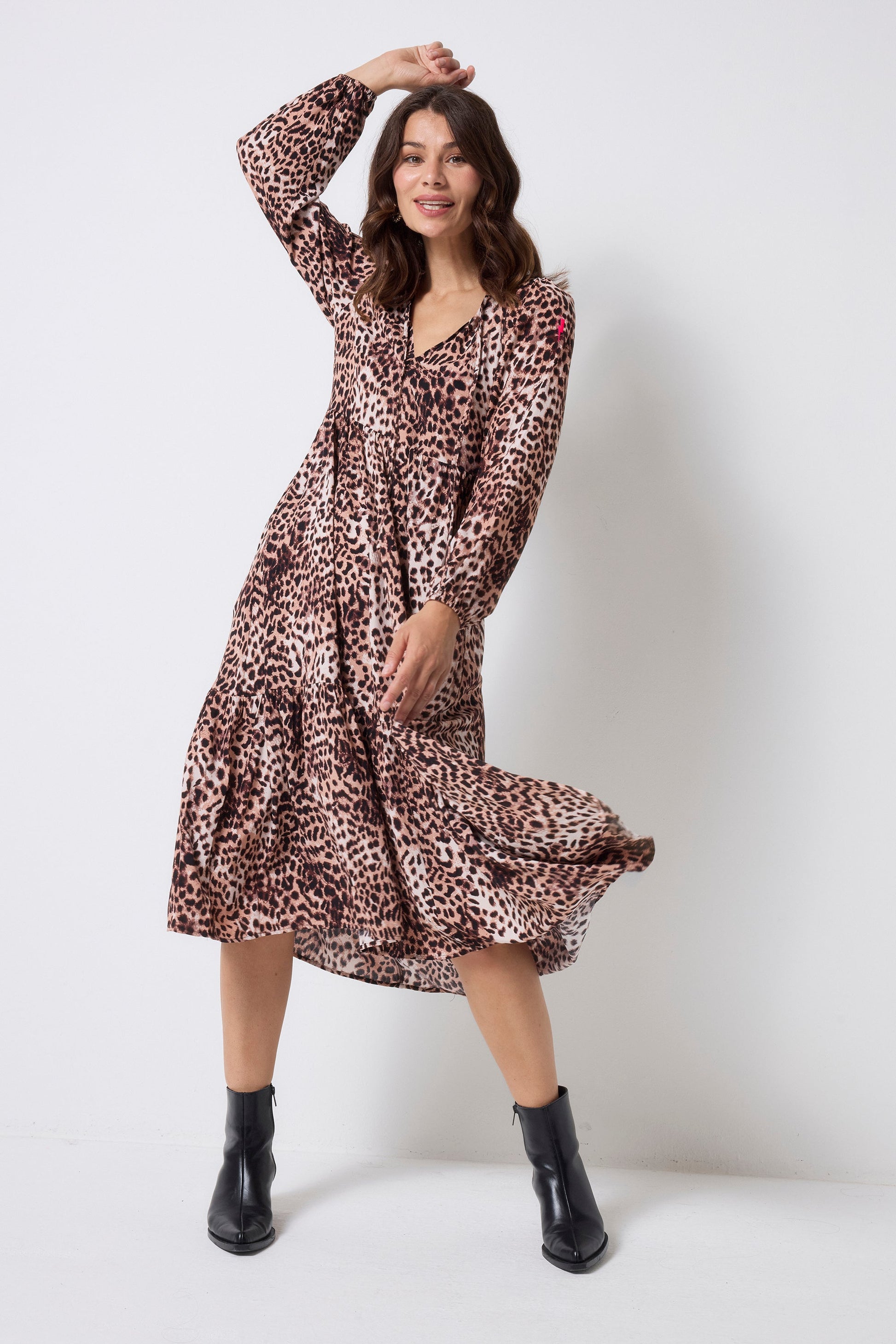 Neutral with Black Cheetah Blouson Sleeve Tie Front Midi Dress