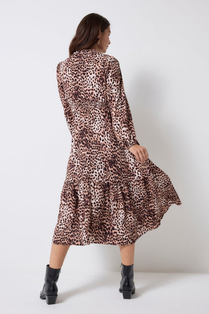 Neutral with Black Cheetah Blouson Sleeve Tie Front Midi Dress