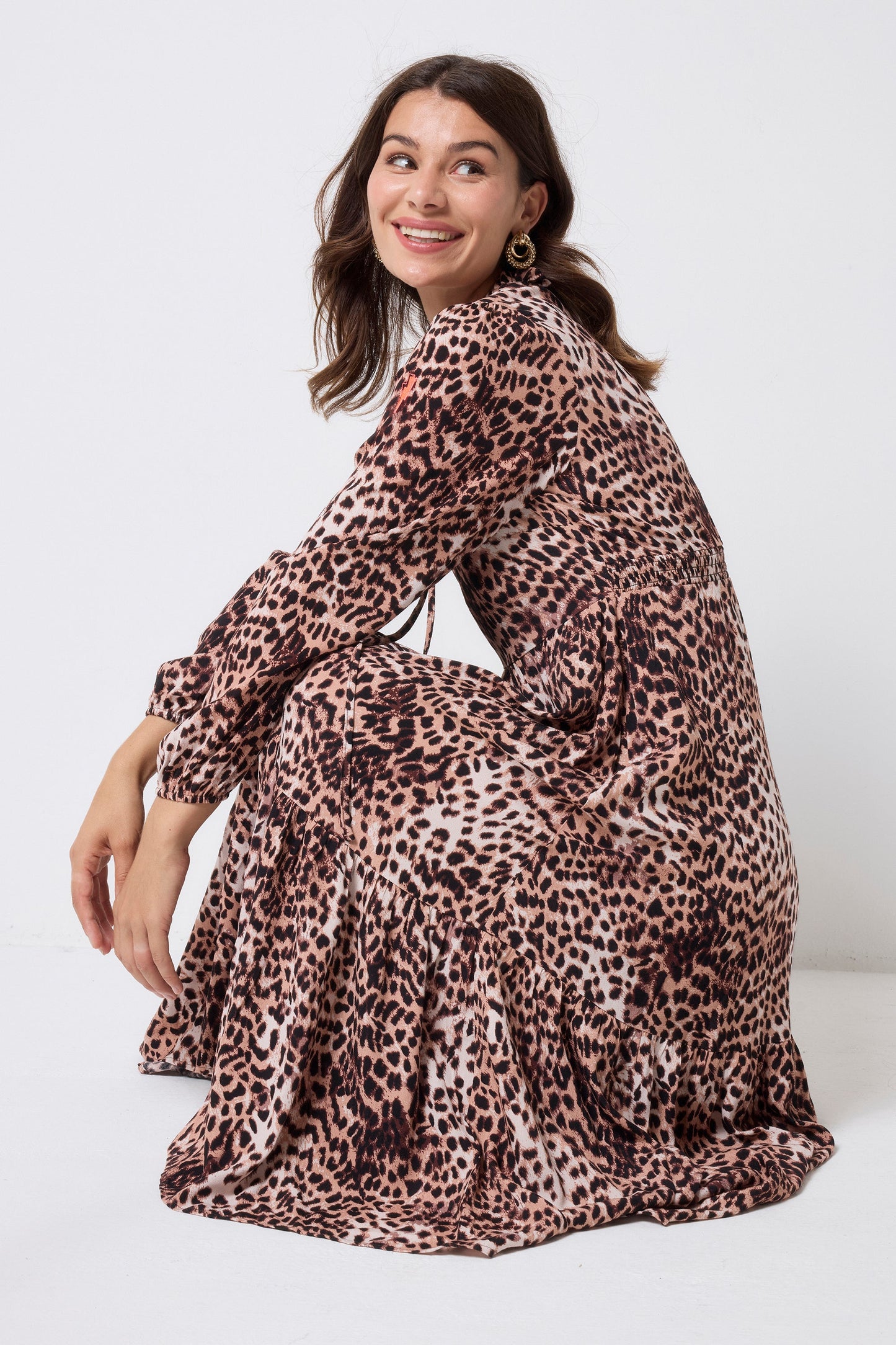 Neutral with Black Cheetah Blouson Sleeve Tie Front Midi Dress