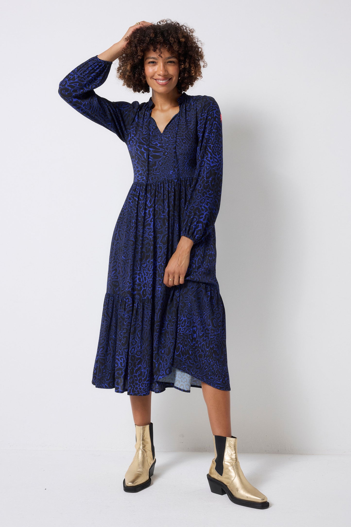 Navy Leopard Ray Blouson Sleeve Tie Front Midi Dress