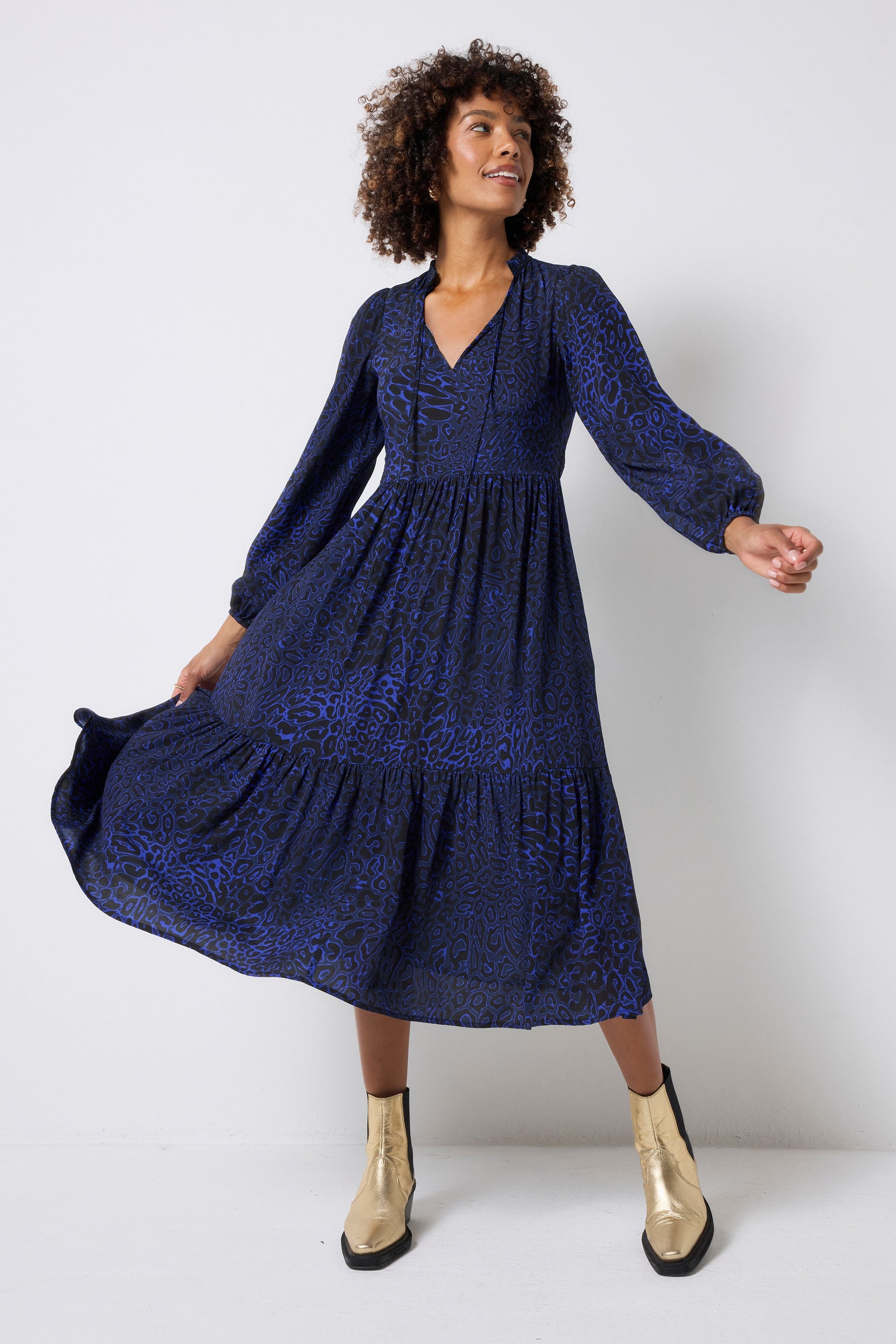 Navy Leopard Ray Blouson Sleeve Tie Front Midi Dress