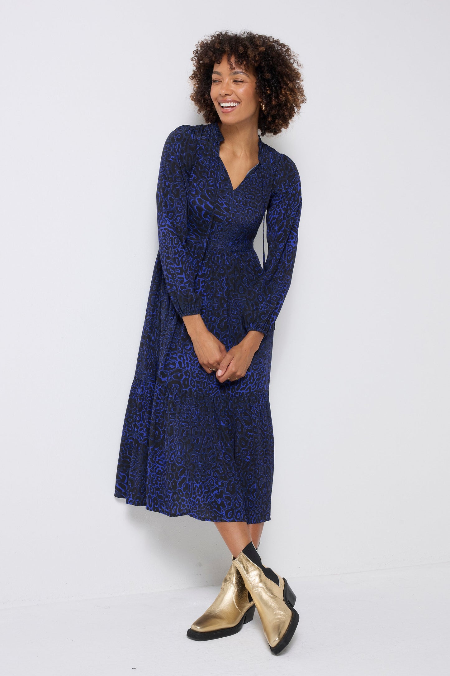 Navy Leopard Ray Blouson Sleeve Tie Front Midi Dress