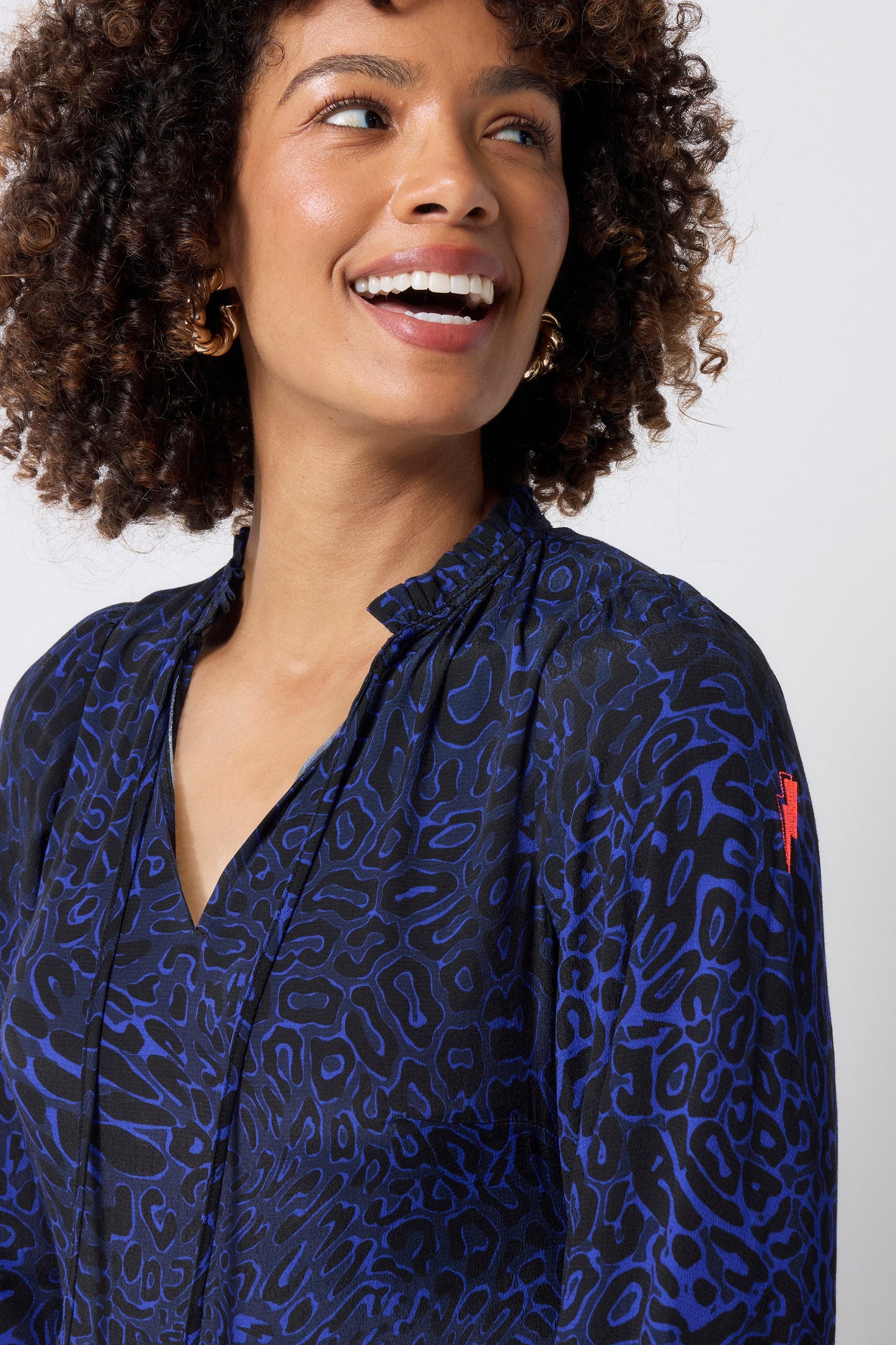 Navy Leopard Ray Blouson Sleeve Tie Front Midi Dress