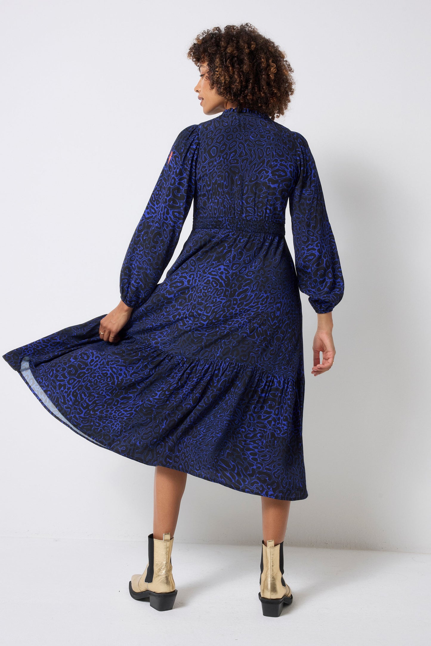 Navy Leopard Ray Blouson Sleeve Tie Front Midi Dress