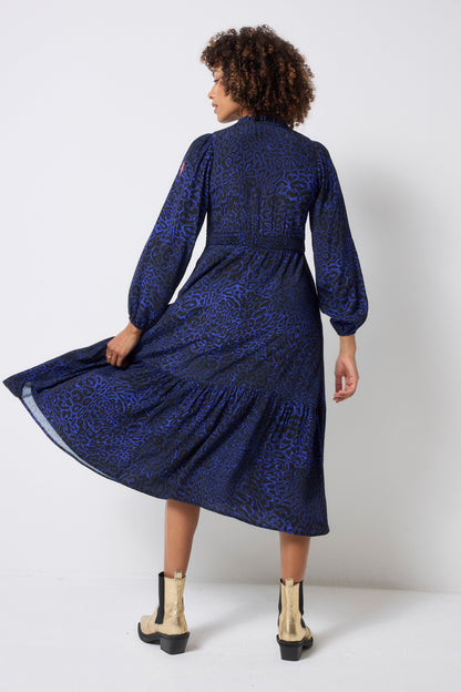 Navy Leopard Ray Blouson Sleeve Tie Front Midi Dress