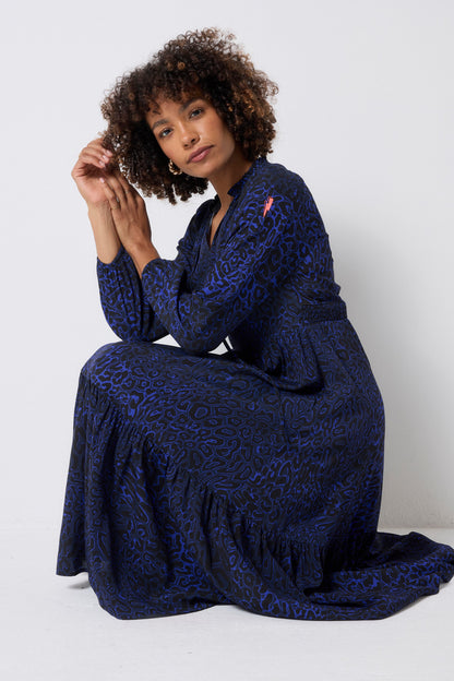 Navy Leopard Ray Blouson Sleeve Tie Front Midi Dress