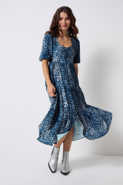 Navy Cheetah Square Neck Zip Detail Tiered Midi Dress