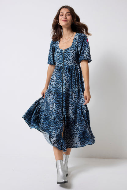 Navy Cheetah Square Neck Zip Detail Tiered Midi Dress