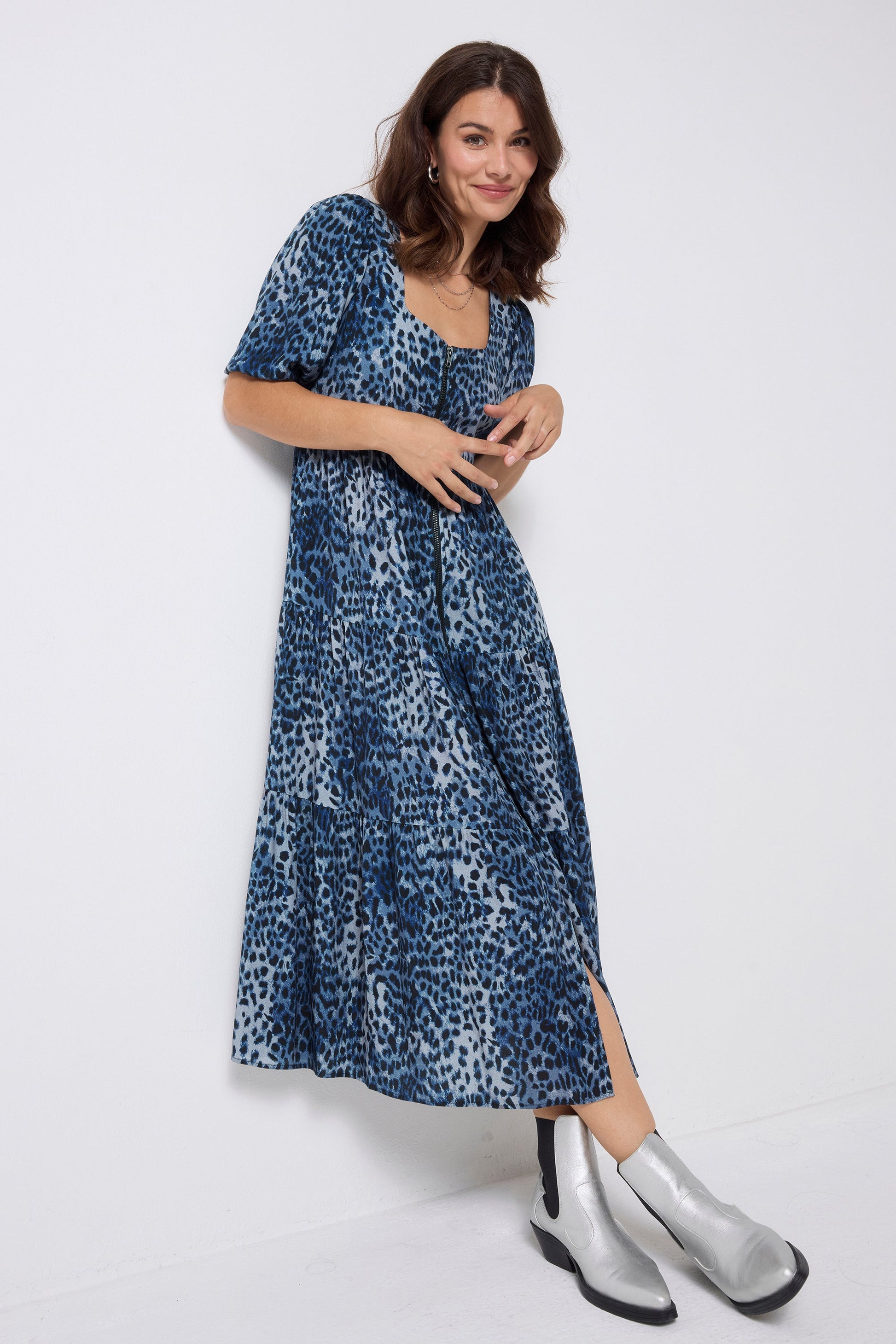 Navy Cheetah Square Neck Zip Detail Tiered Midi Dress