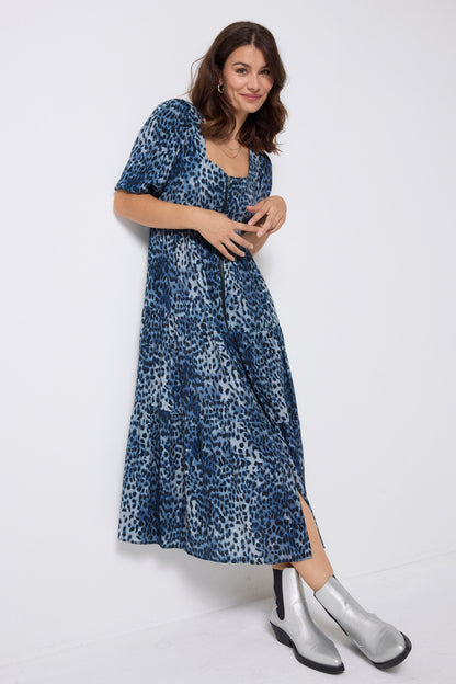 Navy Cheetah Square Neck Zip Detail Tiered Midi Dress
