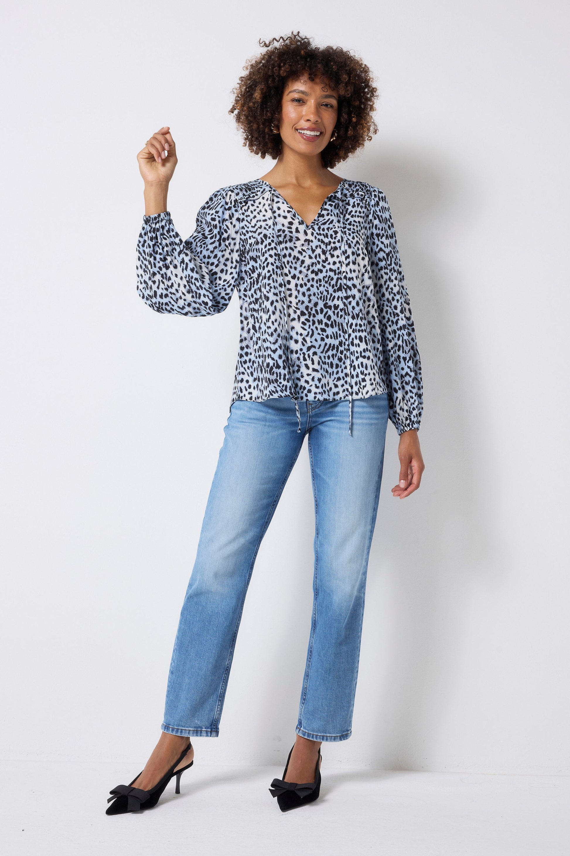 Blue Cheetah Shirred Yoke Balloon Sleeve Blouse