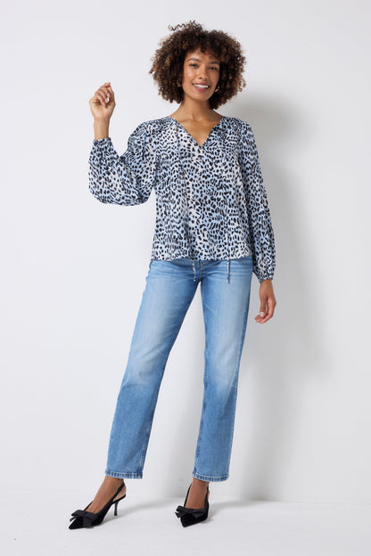 Blue Cheetah Shirred Yoke Balloon Sleeve Blouse