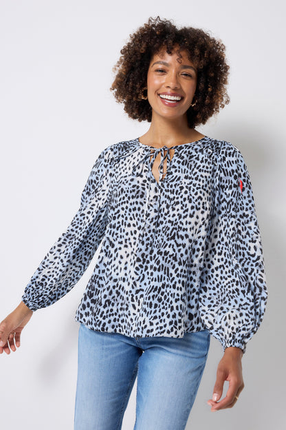 Blue Cheetah Shirred Yoke Balloon Sleeve Blouse